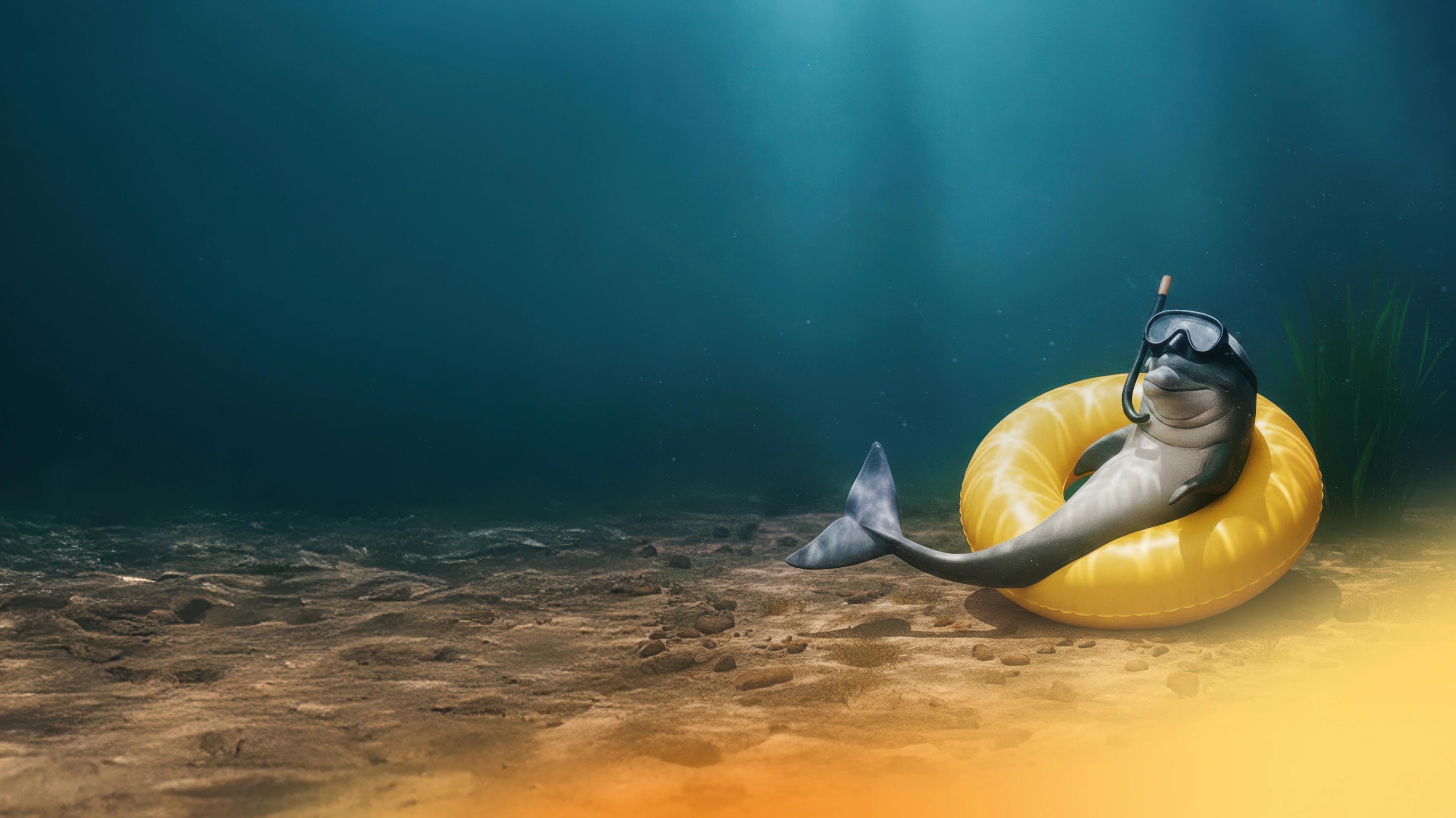 Anyfins maskot, Delfi, sitter i en badring på havsbotten