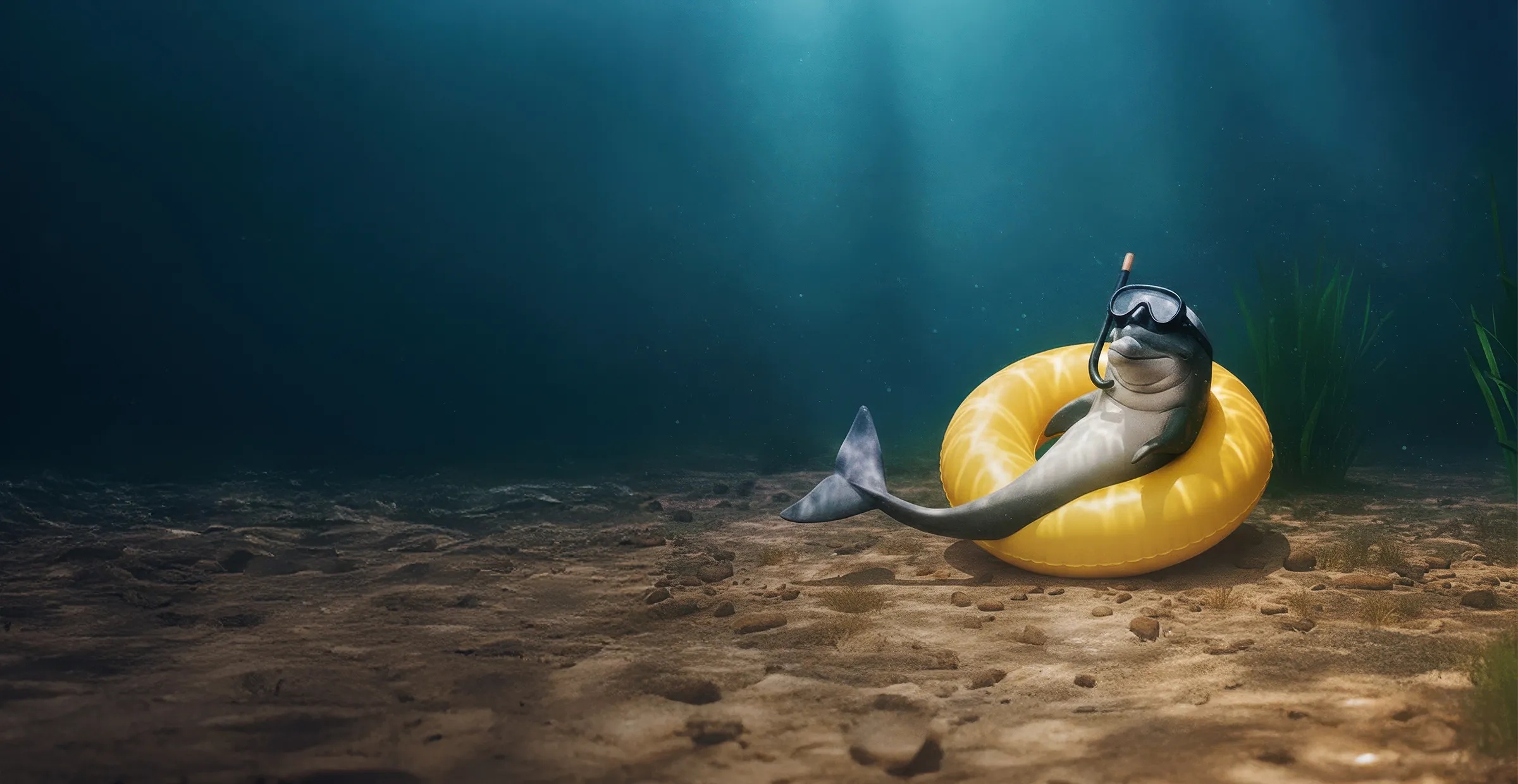 Bild på en delfin på havsbotten liggandes i en gul badring.