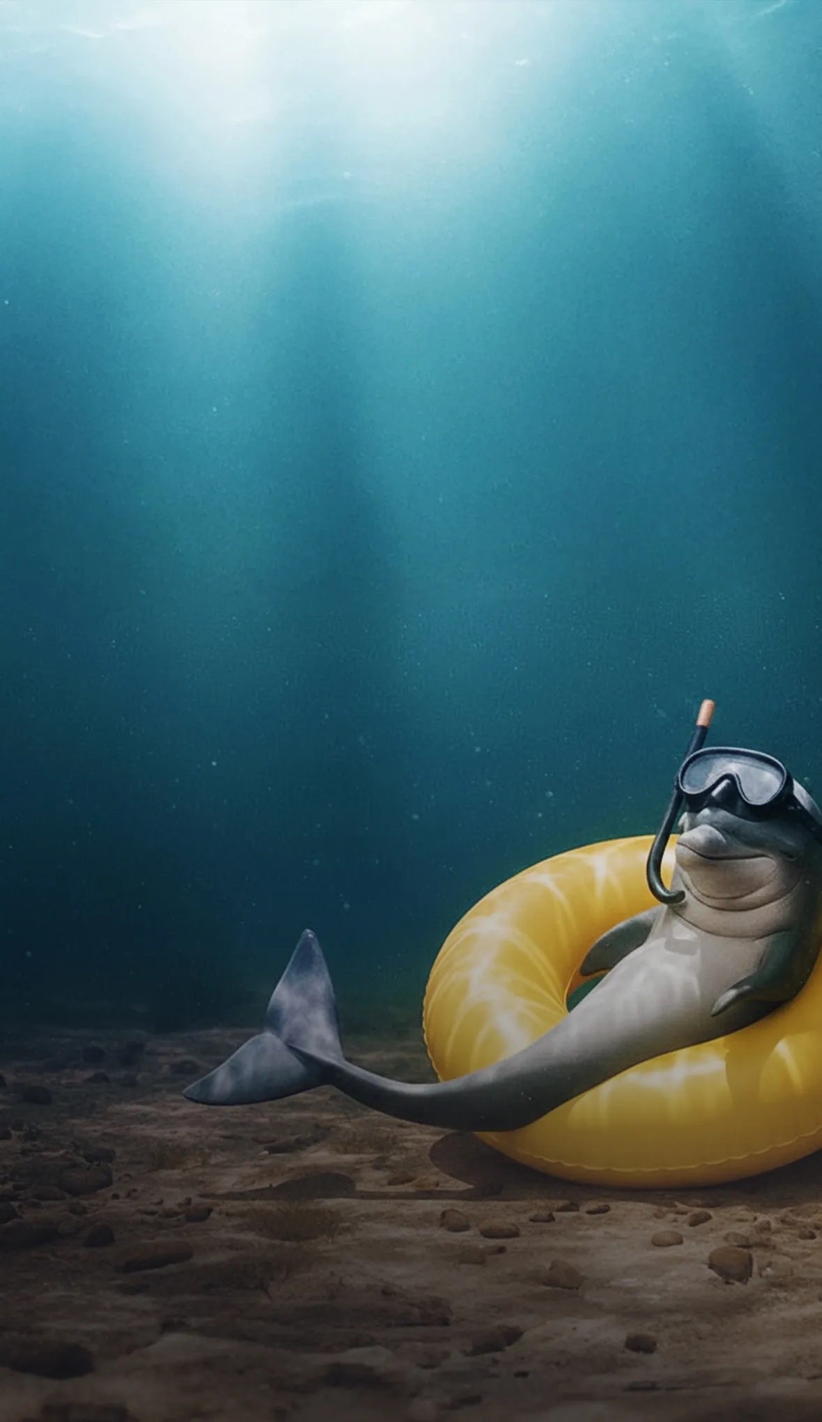 Bild på en delfin på havsbotten liggandes i en gul badring.