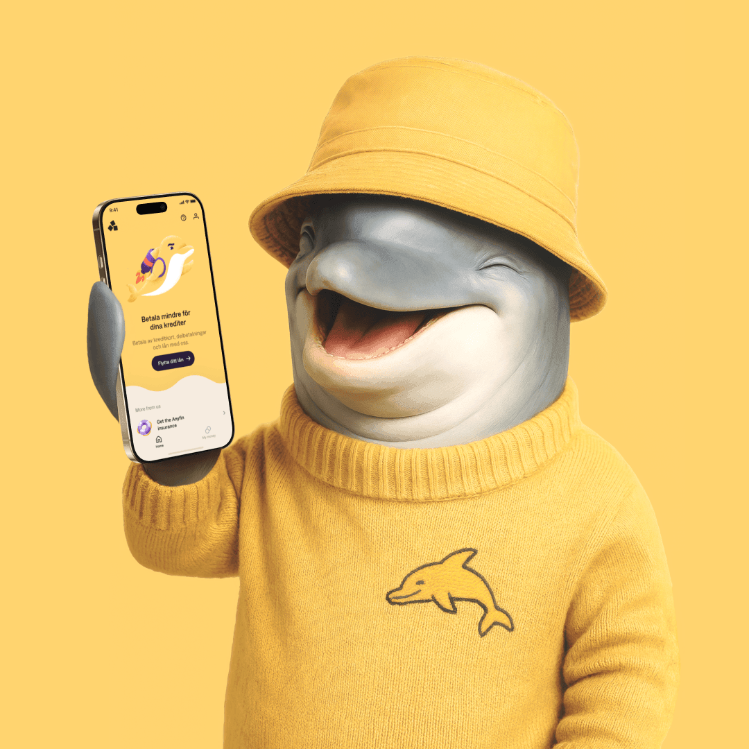 En delfin som håller upp en mobil och visar Anyfin-appen.